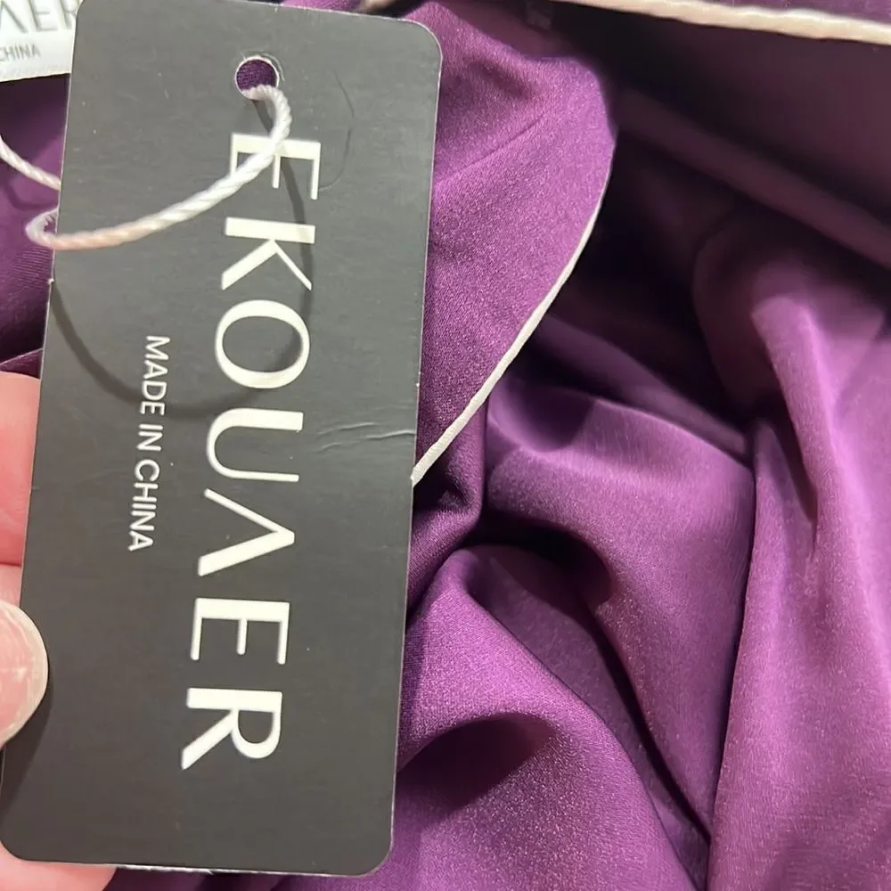 EKouaer Purple with white piping satin night shirt gown NWT size small